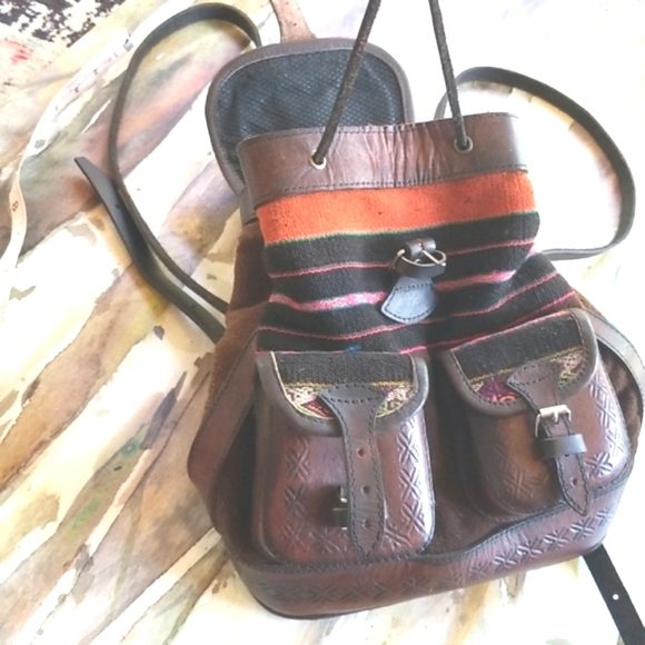 Taos LEATHER Blanket Wool Handcrafted Pockets Buckles Straps Unique BACKPACK EUC - Picture 7 of 16